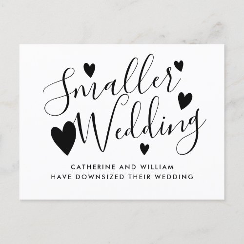 Elegant Smaller Wedding Script Hearts Downsizing Announcement Postcard