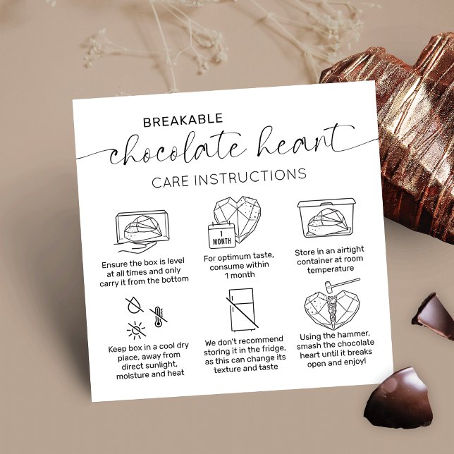 Elegant Smash Chocolate Heart Care Instructions Square Business Card (Elegant breakable chocolate heart customer care instructions cards, perfect to add to your boxes)
