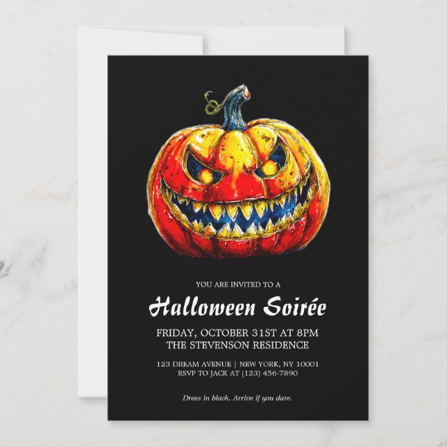 Elegant Smiling Pumpkin Fiery Halloween Soirée Invitation (Front)