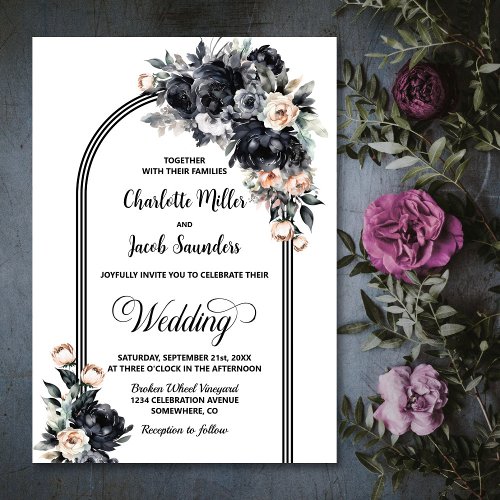Elegant Smokey Black Floral Arch Wedding Invitation