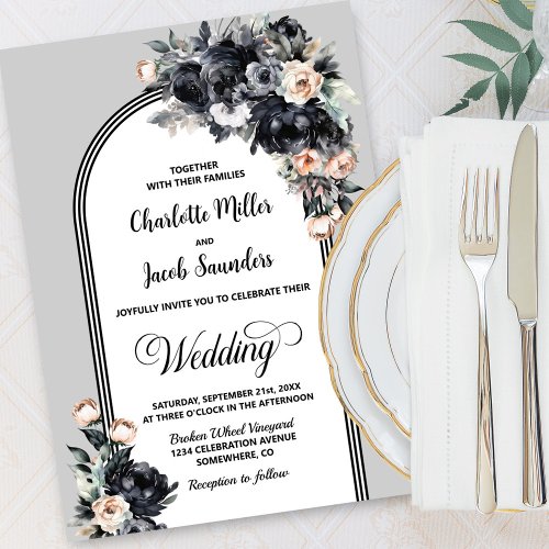 Elegant Smokey Black Floral Grey Arch Wedding Invitation