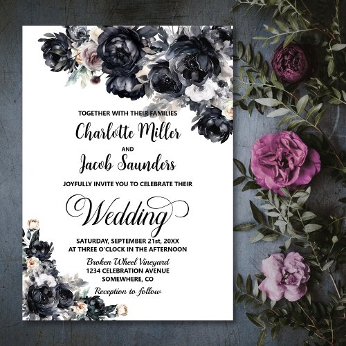 Elegant Smokey Black Floral Wedding Invitation