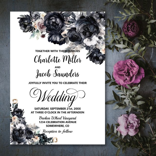 Elegant Smokey Black Floral Wedding Invitation (Creator Uploaded)