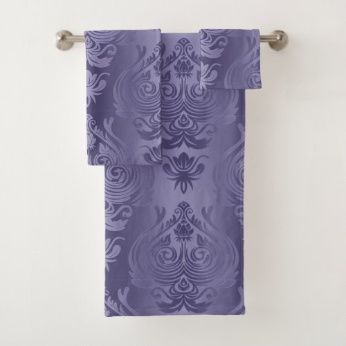 Elegant Smokey Indigo Purple Damask Print Bath Towel Set
