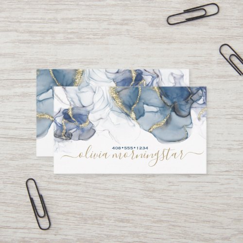Elegant Smoky Dusty Blue Gold Accent Alcohol Ink Business Card