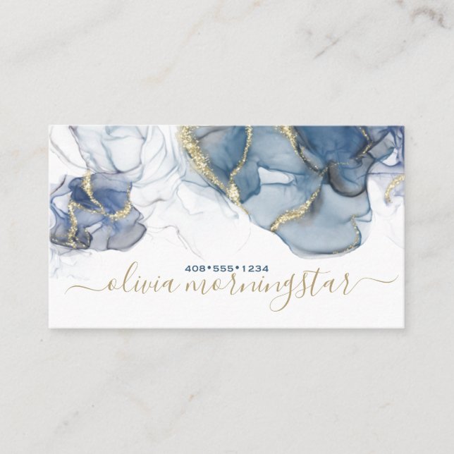 Elegant Smoky Dusty Blue Gold Accent Alcohol Ink Business Card (Front)