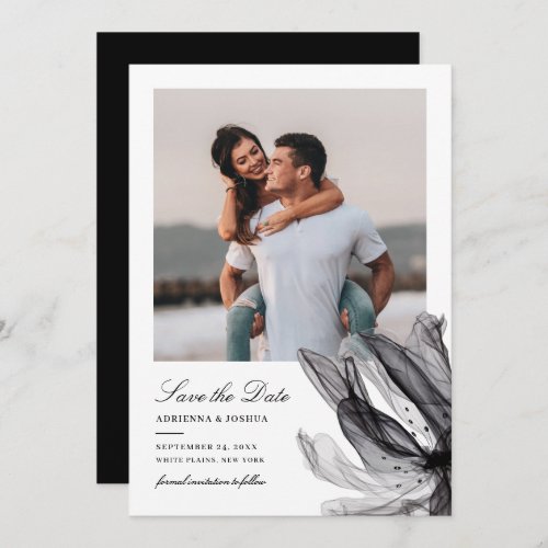 Elegant Smoky Floral Black White Photo Wedding  Save The Date