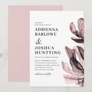 Elegant Smoky Flowers Side Text Dusty Pink Wedding Invitation