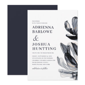 Elegant Smoky Flowers Side Text Navy Wedding  Invitation