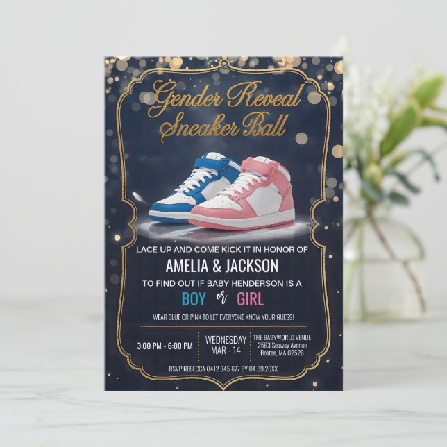Elegant Sneaker Ball: A Gender Reveal Celebration Invitation (Standing Front)