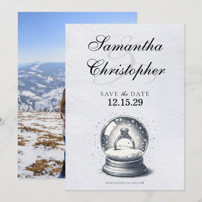 Elegant Snow Globe Engagement Ring Save The Date (Front/Back)