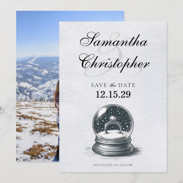 Elegant Snow Globe Engagement Ring Save The Date (Front/Back)