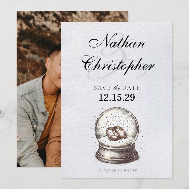 Elegant Snow Globe Wedding Bands Save The Date (Front/Back)