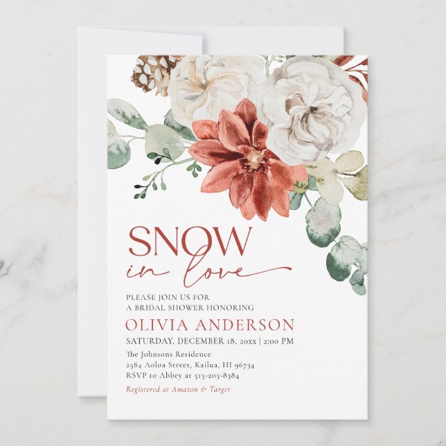 Elegant Snow in Love Winter Red Bridal Shower Invitation (Front)