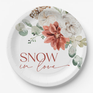 Elegant Snow in Love Winter Red Bridal Shower Paper Plates