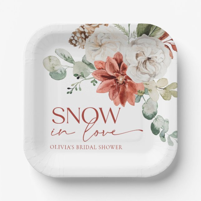 Elegant Snow in Love Winter Red Bridal Shower Paper Plates (Front)
