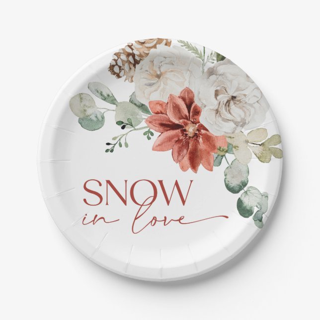 Elegant Snow in Love Winter Red Bridal Shower Paper Plates (Front)