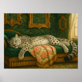 Elegant Snow Leopard Sleeping on Luxury Chaise Poster