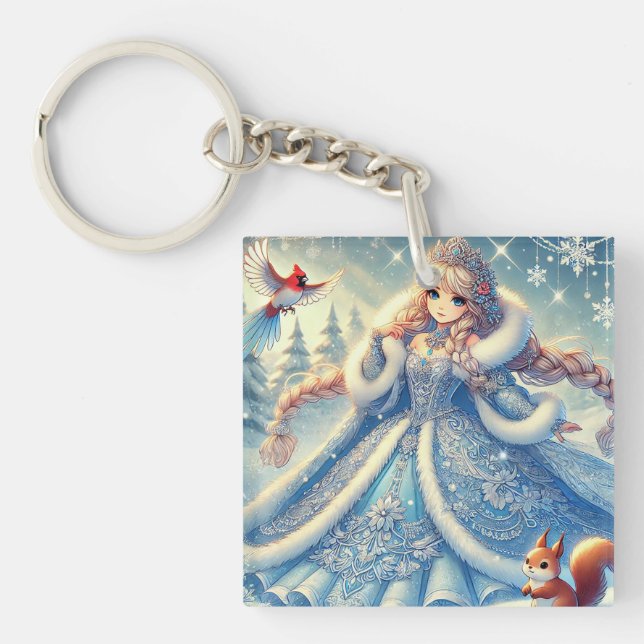 Elegant Snow Queen in Winter Wonderland Keychain (Front)