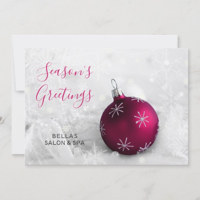 Elegant Snow Scene Pink Ornament Company Holiday Card (Front)