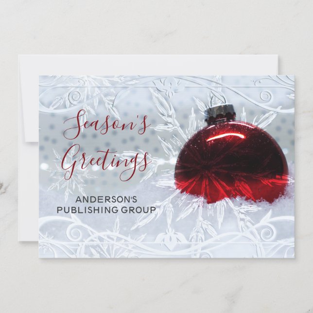 Elegant Snow Scene Red Ornament Company Holiday Card (Front)