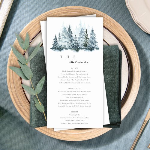 Elegant Snow Winter Forest Pine Wedding Menu Card