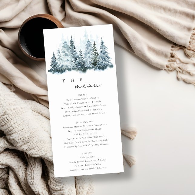Elegant Snow Winter Forest Pine Wedding Menu Card (Creator Uploaded)