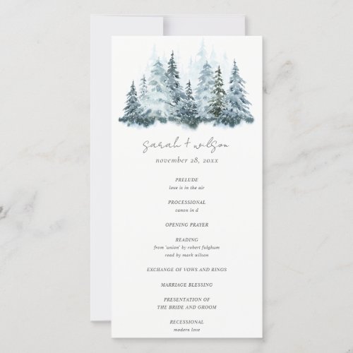 Elegant Snow Winter Forest Pine Wedding Program
