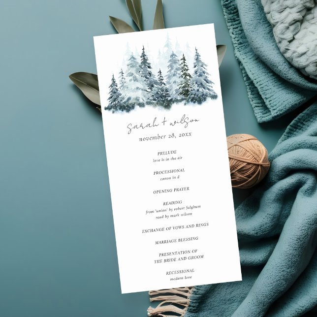 Elegant Snow Winter Forest Pine Wedding Program (Creator Uploaded)
