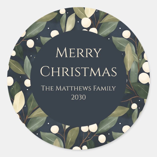 Elegant Snowberry Christmas  Classic Round Sticker (Front)