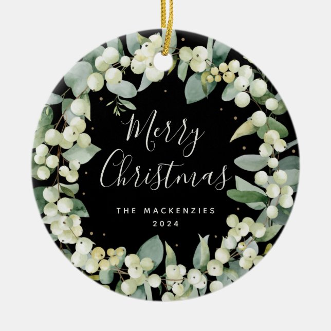 Elegant Snowberry Merry Christmas Family Photo Ceramic Ornament (Front)