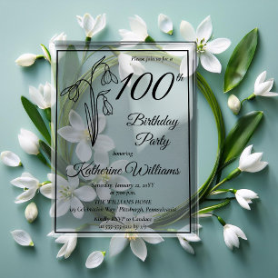 Elegant Snowdrops 100th Birthday Party Acrylic Invitations
