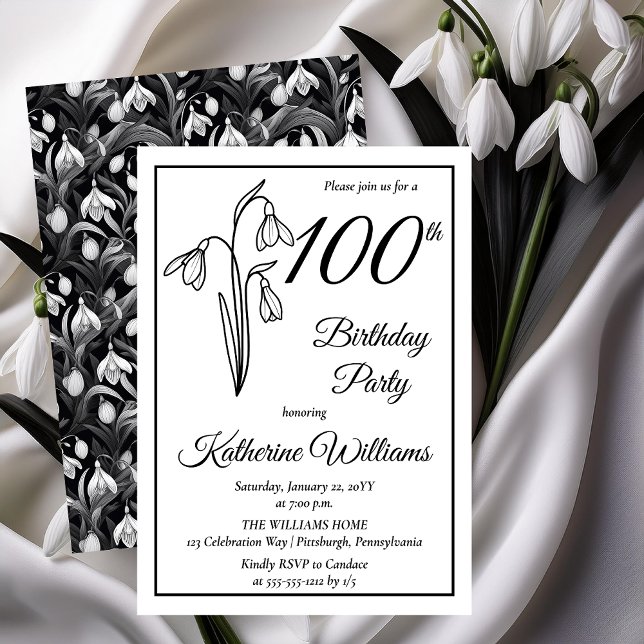 Elegant Snowdrops 100th Birthday Party  Invitation (Elegant January Birth Month Snowdrops Floral "100th Birthday Party" Invitations -- Print | Download)