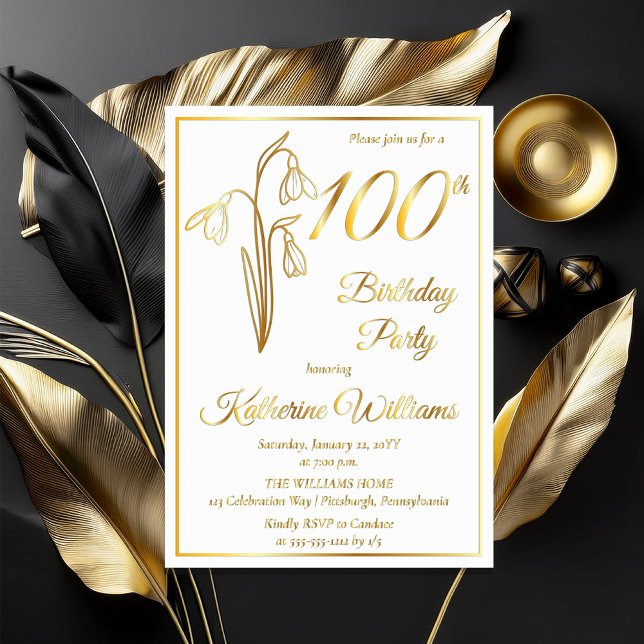 Elegant Snowdrops 100th Birthday Party Stamped Foil Invitation (Elegant January Birth Month Snowdrops Floral "100th Birthday Party" Stamped Gold Foil Invitations)