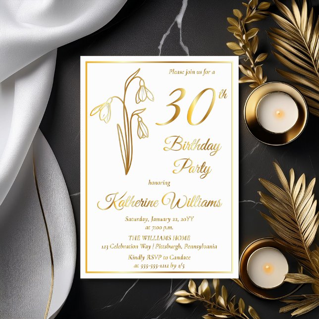 Elegant Snowdrops 30th Birthday Party Stamped Foil Invitation (Elegant January Birth Month Snowdrops Floral "30th Birthday Party" Stamped Gold Foil Invitations)