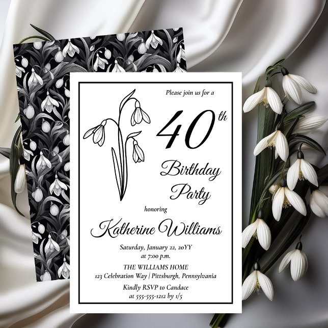 Elegant Snowdrops 40th Birthday Party  Invitation (Elegant January Birth Month Snowdrops Floral "40th Birthday Party" Invitations -- Print | Download)