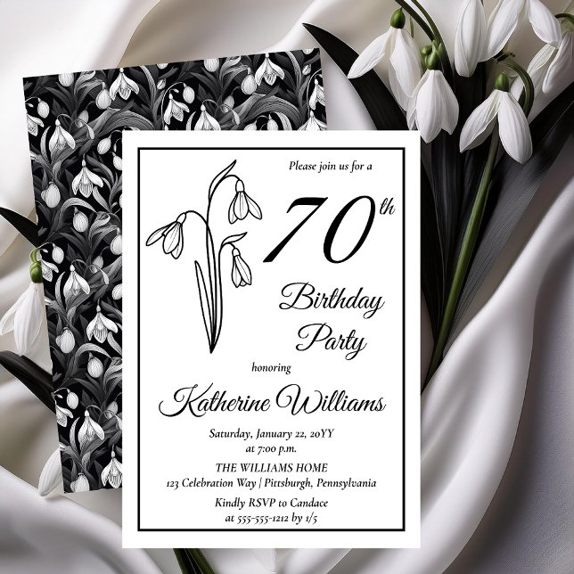 Elegant Snowdrops 70th Birthday Party  Invitation (Elegant January Birth Month Snowdrops Floral "70th Birthday Party" Invitations -- Print | Download)