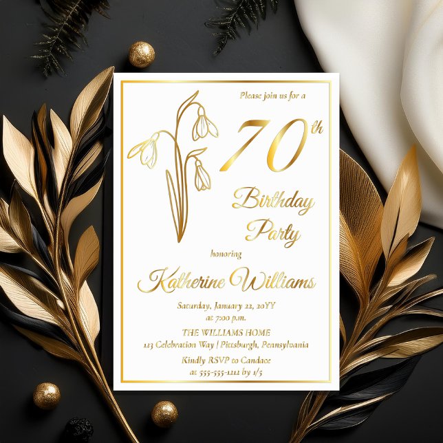 Elegant Snowdrops 70th Birthday Party Stamped Foil Invitation (Elegant January Birth Month Snowdrops Floral "70th Birthday Party" Stamped Gold Foil Invitations)