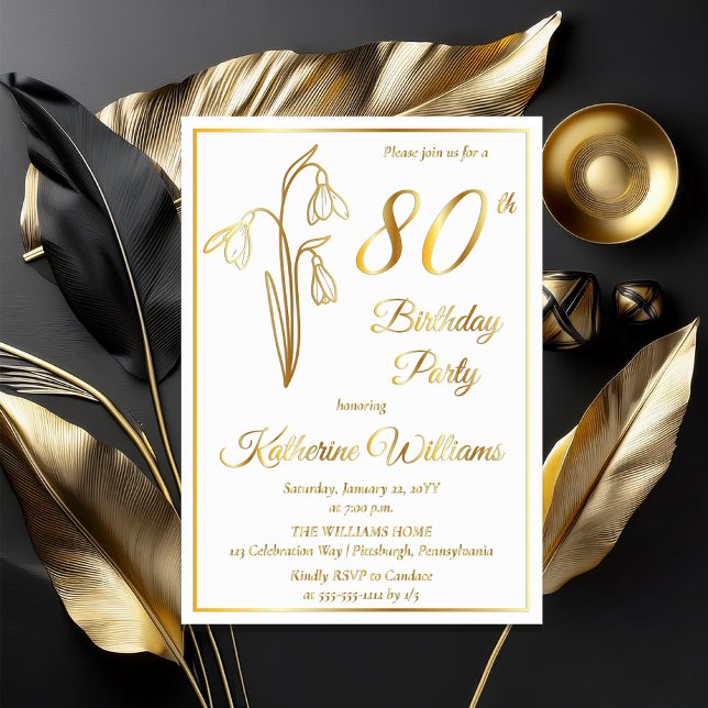 Elegant Snowdrops 80th Birthday Party Stamped Foil Invitation (Elegant January Birth Month Snowdrops Floral "80th Birthday Party" Stamped Gold Foil Invitations)