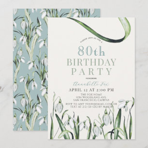 Elegant Snowdrops Watercolor 80th Birthday Invitation