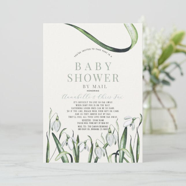 Elegant Snowdrops Watercolor Baby Shower by Mail Invitation (Standing Front)