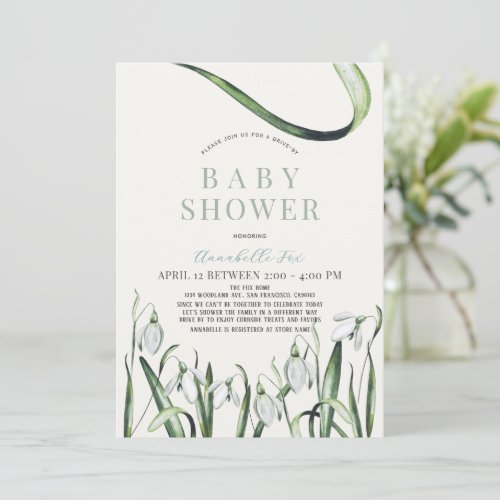 Elegant Snowdrops Watercolor Drive_by Baby Shower Invitation