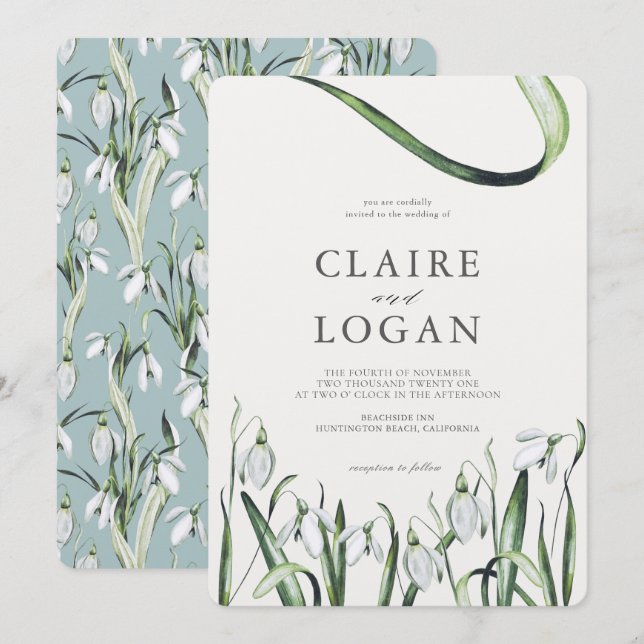 Elegant Snowdrops Watercolor Wedding Invitation (Front/Back)