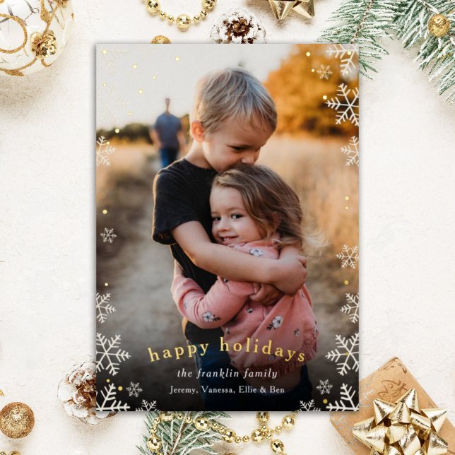 Elegant Snowfall Border Christmas Photo  Foil Holiday Card (Creator Uploaded)