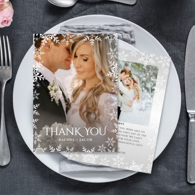 Elegant Snowflake 2-Photo Winter Wedding Thank You (Creator Uploaded)