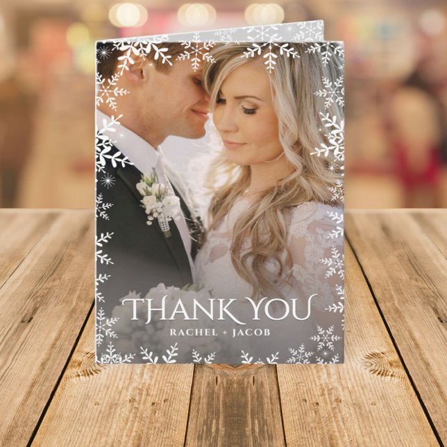 Elegant Snowflake 2-Photo Winter Wedding Thank You Card (Creator Uploaded)