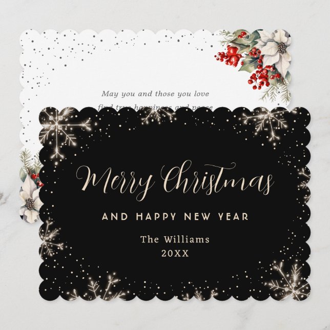 Elegant Snowflake Black Botanical Holiday Card (Front/Back)