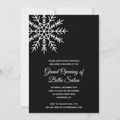 Elegant Snowflake Black Holiday Grand Opening Invitation