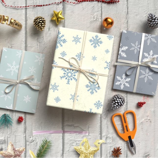 Elegant Snowflake Christmas Blue, White & Charcoal Wrapping Paper Sheets (Snowflakes Christmas set of 3 Wrapping Paper Sheet)
