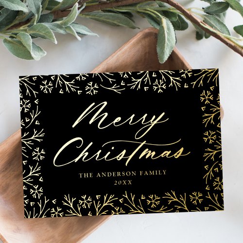 Elegant Snowflake Frame Non_Photo Black and Gold Foil Holiday Card